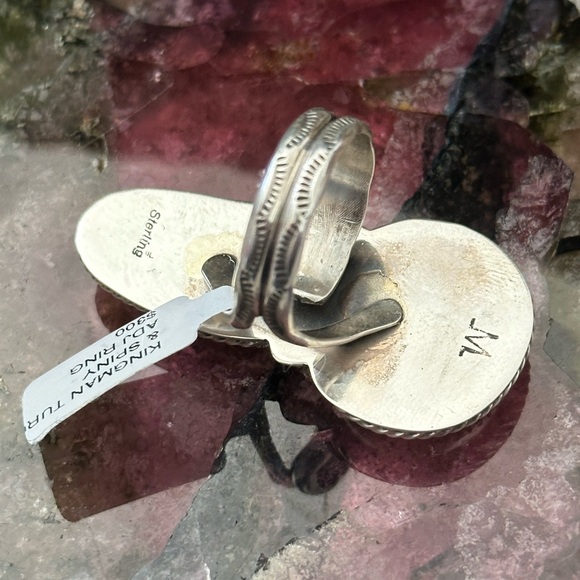 Navajo signed Kingman turquoise, spiny oyster sterling silver ring - Picture 6 of 8